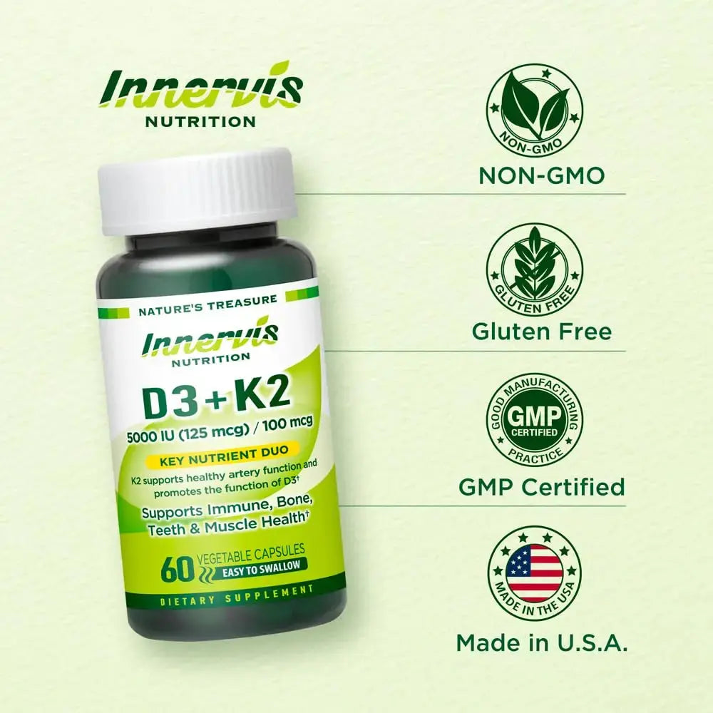 INNERVISNUTRITION Vitamin D3 5000 IU + K2 MK-7 100mcg – Bone, Heart & Immune Support, Easy to Swallow, 60 Capsules INNERVISNUTRITION Au supplements