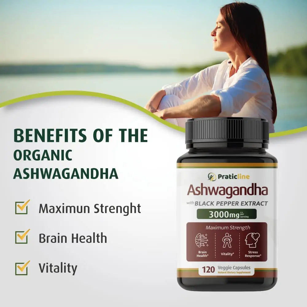 PRATIC LINE Ashwagandha Capsules 3,000 mg - 120 Vegan Cap Made with Organic PRATIC LINE Au supplements