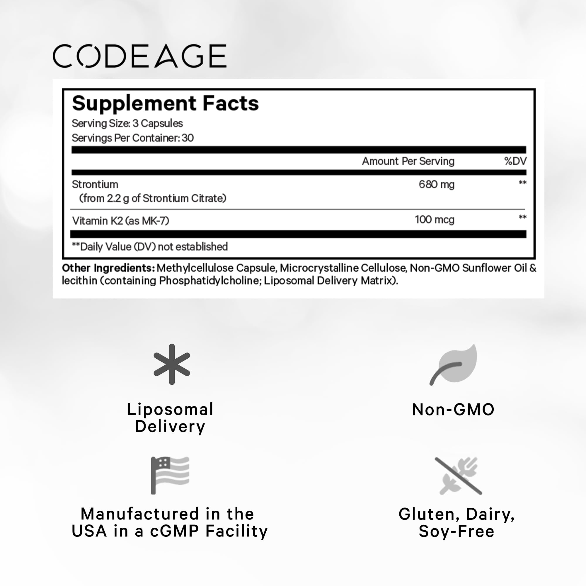 Codeage Liposomal Strontium Supplement - Strontium Citrate, Vitamin K2 MK-7, Liposomal Delivery, Non-GMO, Gluten-Free - 90 Capsules Codeage Au supplements