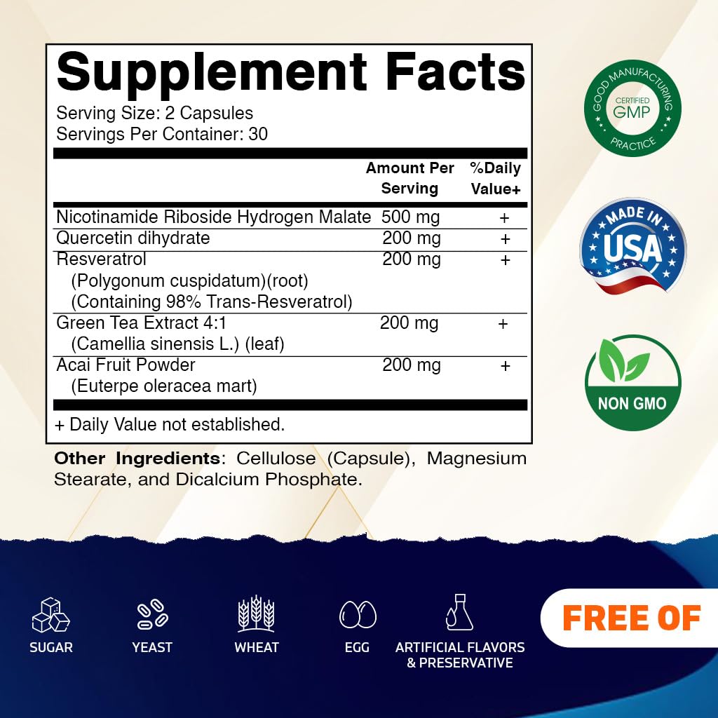 Vitamatic NAD Nicotinamide Riboside Supplement 1300mg 60 Ct - Support Healthy Aging, Cellular Energy Production, Made with Riboside, Quercetin, Resveratrol, Green Tea, & Acai Powder Vitamatic Au supplements