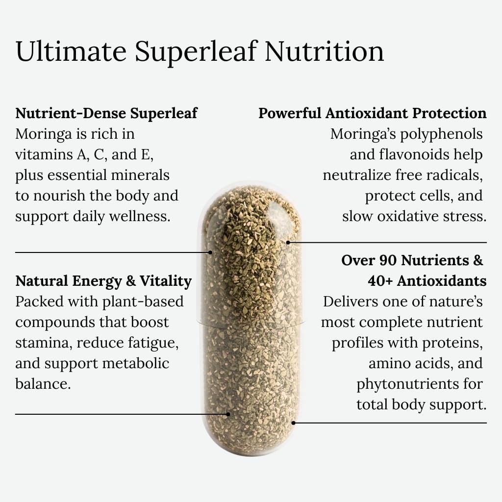 Moringa Oleifera Capsules 800mg - Pure Leaf Powder Superfood with Antioxidants Vitamins Minerals Amino Acids - Energy Immune Support Green Supplement for Men Women