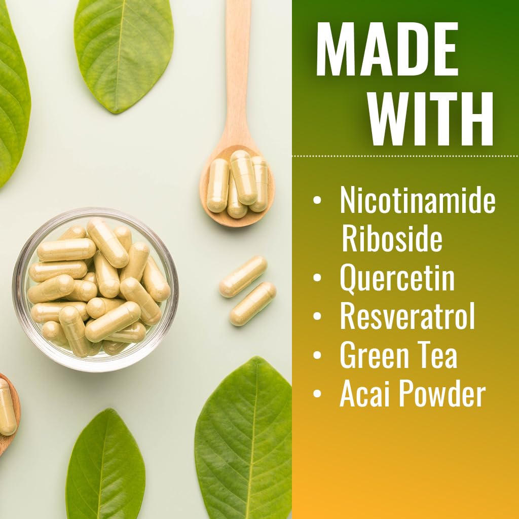 Vitamatic NAD Nicotinamide Riboside Supplement 1300mg 60 Ct - Support Healthy Aging, Cellular Energy Production, Made with Riboside, Quercetin, Resveratrol, Green Tea, & Acai Powder Vitamatic Au supplements