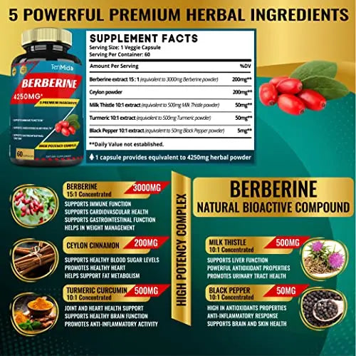 Berberine Extract Capsules 4250mg, 2 Months Supply & Ceylon, Milk Thistle, Turmeric Tenmido Au supplements