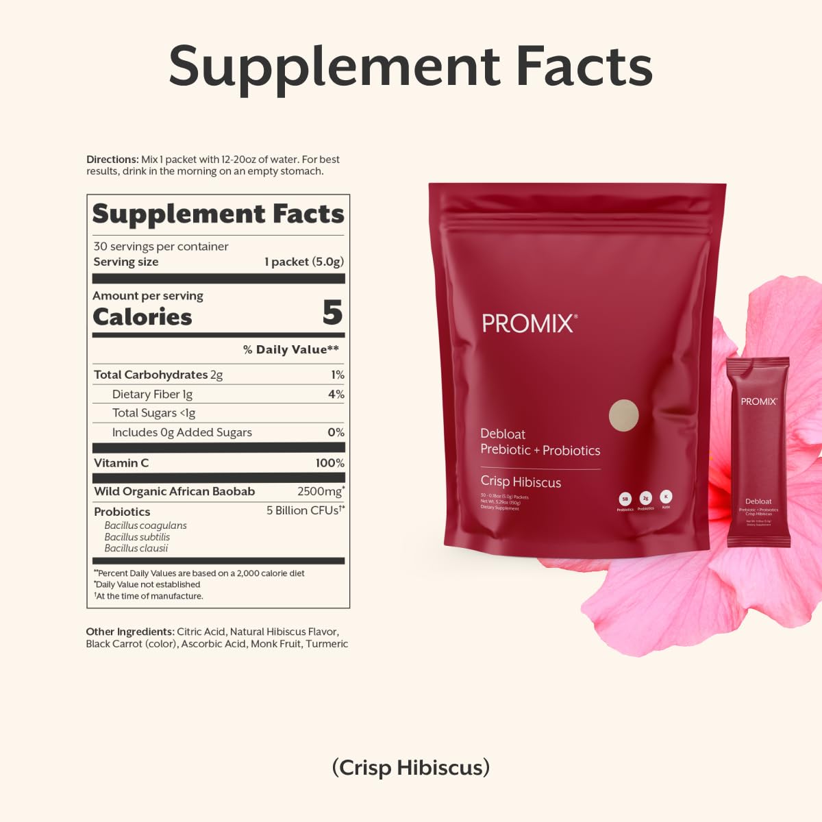 ProMix Nutrition Debloat Prebiotics and Probiotics Immune Support Supplement for Digestion, Cortisol Health, Gut Cleanse - Hibiscus