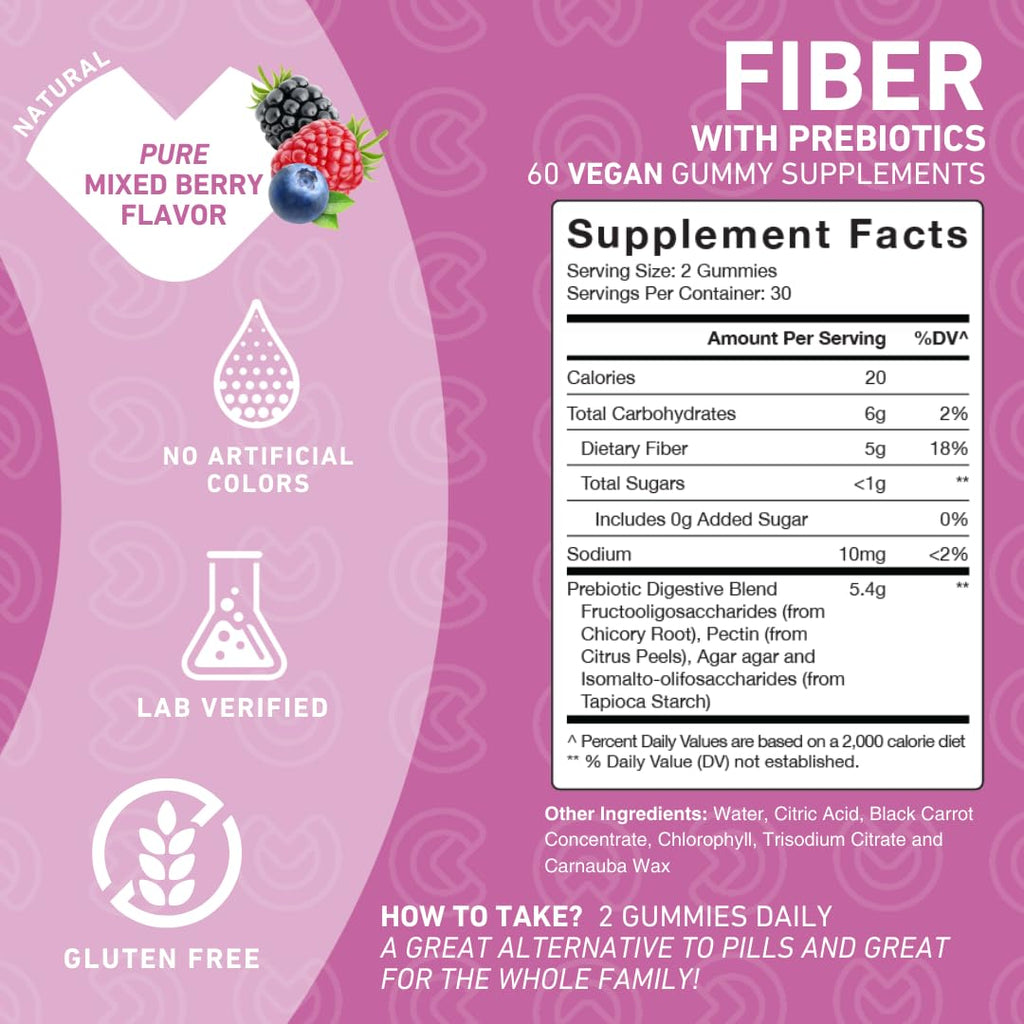 PUREFINITY Fiber Gummies for Adults with Inulin FOS from Chicory Root, Sugar Free Prebiotic Supplement for Daily Digestion