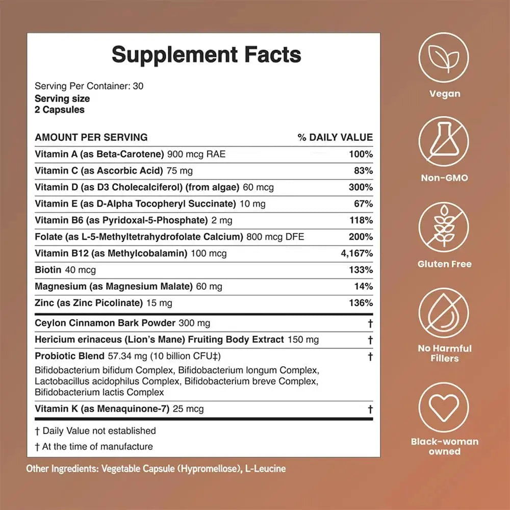 Mela Daily Essentials Multivitamin for Melanated Women - High-Dose Vitamin D3 and B12, Probiotics, Lion's Mane, Ceylon Cinnamon Mela Au supplements