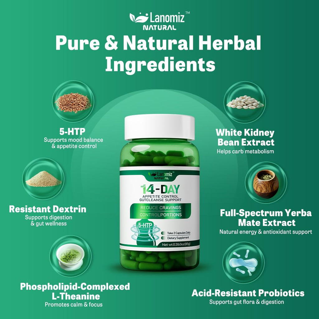 Lanomiz 14DAY Appetite & Craving Control Gut Health Complex Featuring Delayed-Release Probiotics & White Kidney Bean Extract 5-HTP