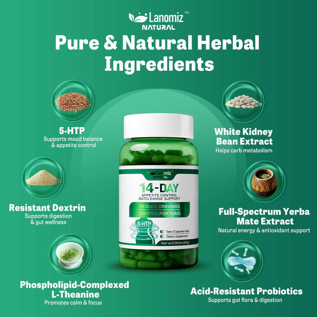 Lanomiz 14DAY Appetite & Craving Control Gut Health Complex Featuring Delayed-Release Probiotics & White Kidney Bean Extract 5-HTP