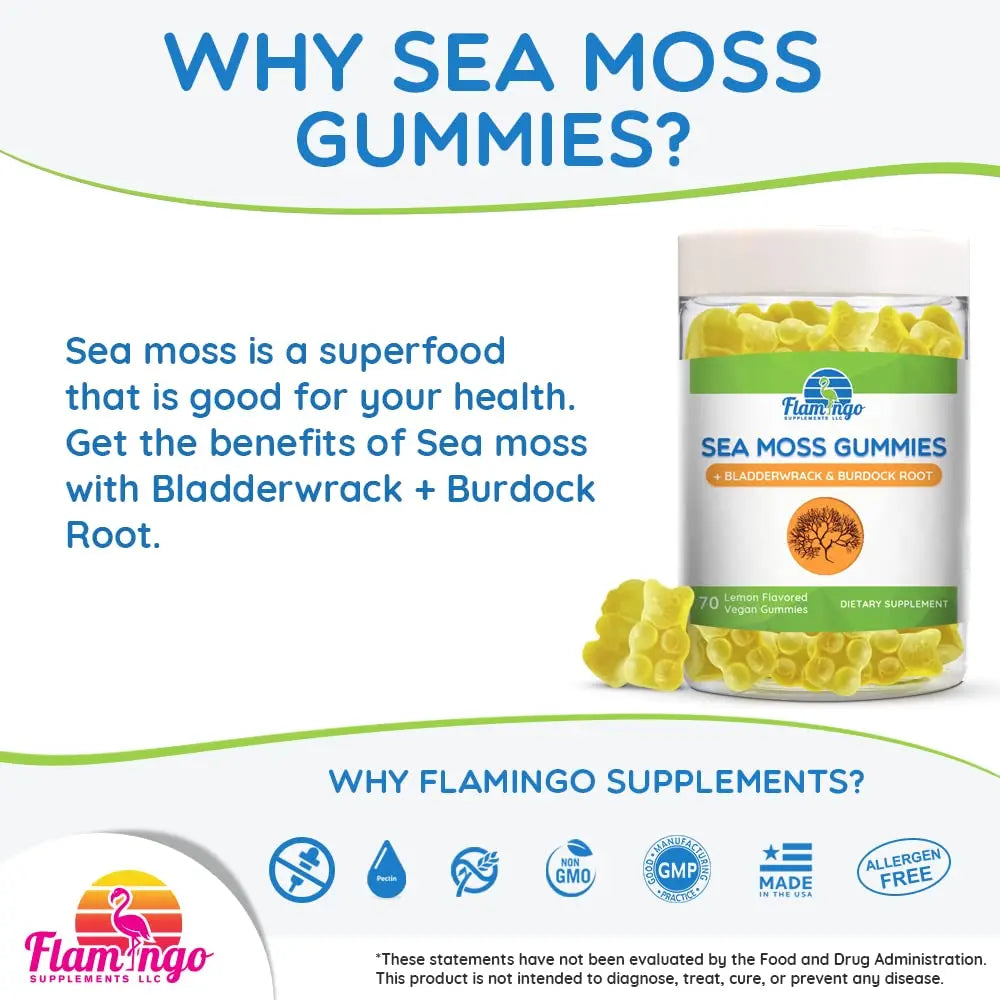 Sea Moss Gummies Plus Organic Bladderwrack and Burdock Root. Tasty Alternative to Sea Flamingo Supplements Au supplements