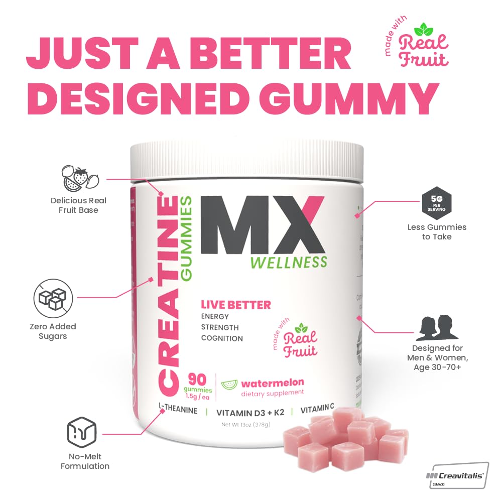 MX Wellness Creatine Monohydrate Gummies for Men & Women – Real Fruit Gummy Supplement for Muscle Growth, Recovery, Longevity, Cognitive Health & Memory – 90 Chews (90 Gummies, Watermelon) MX Wellness Au supplements