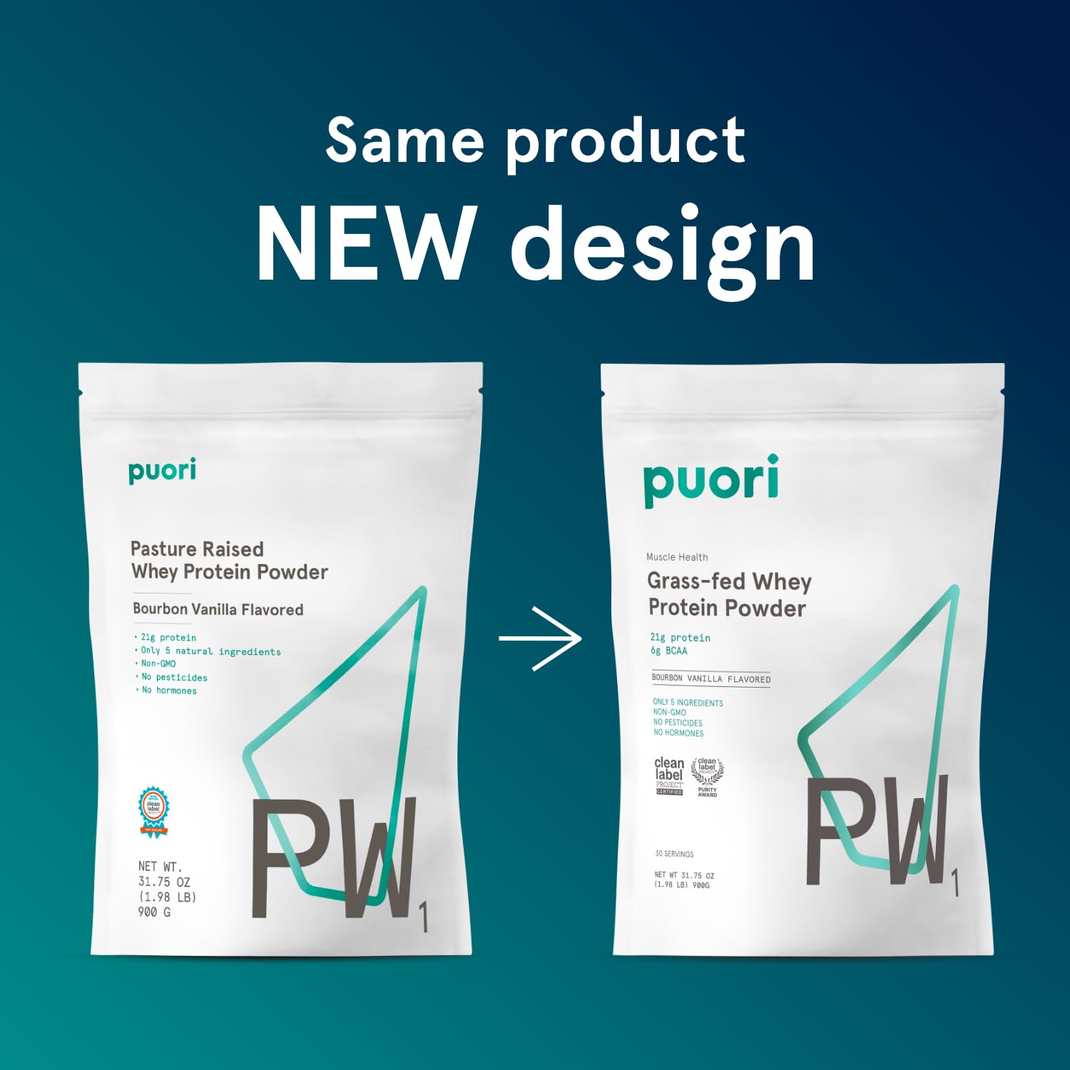 Puori Whey Protein Powder, Bourbon Vanilla - PW1 Pasture-Raised, Grass-Fed Whey Protein Powder Drink Mix containing BCAA Amino Acids - Post-Workout Supplement