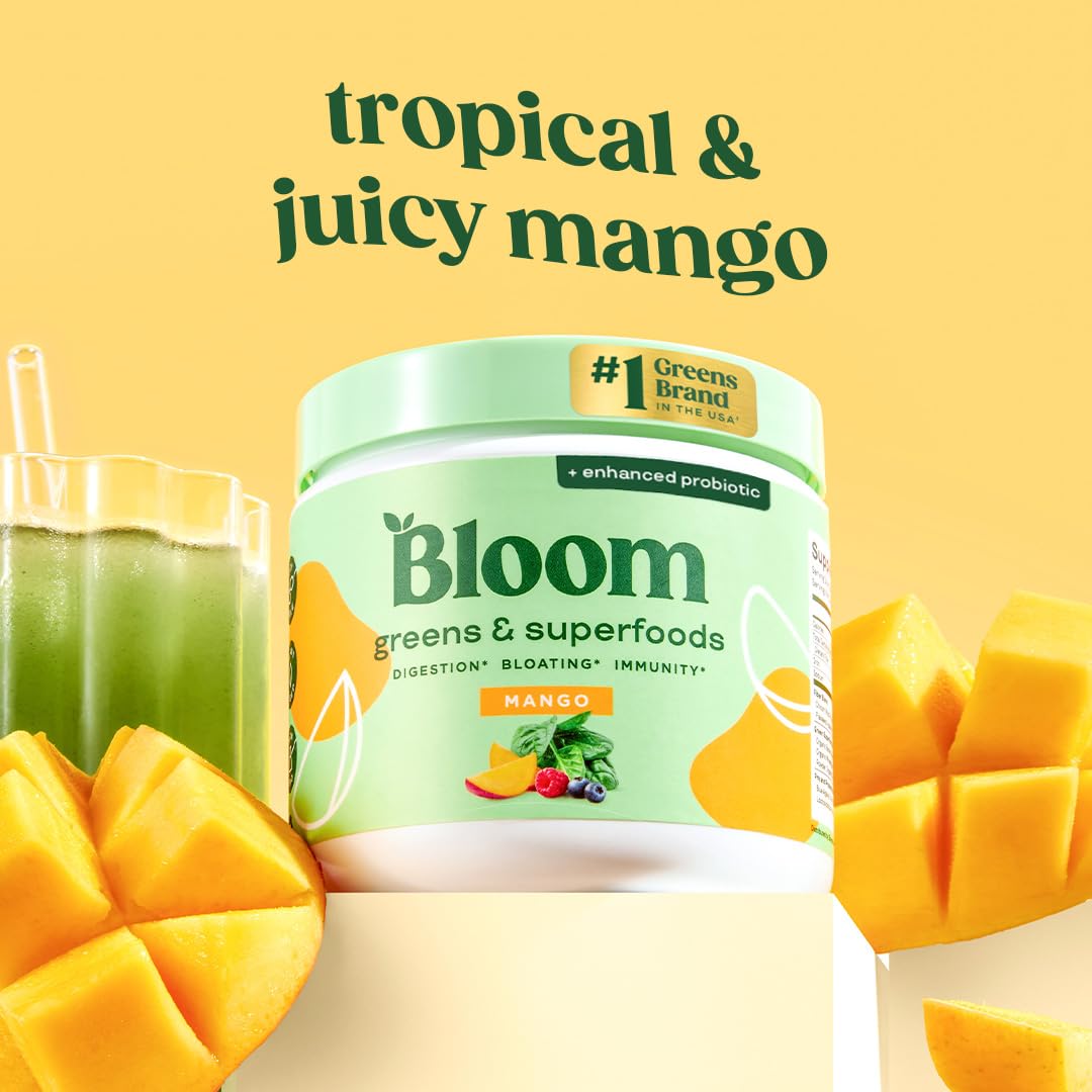 Bloom Nutrition Superfood Greens Powder, Digestive Enzymes with Probiotics and Prebiotics, Gut Health, Bloating Relief for Women, Chlorella, Green Juice Mix with Beet Root Powder, 30 SVG, Mango Bloom Nutrition Au supplements
