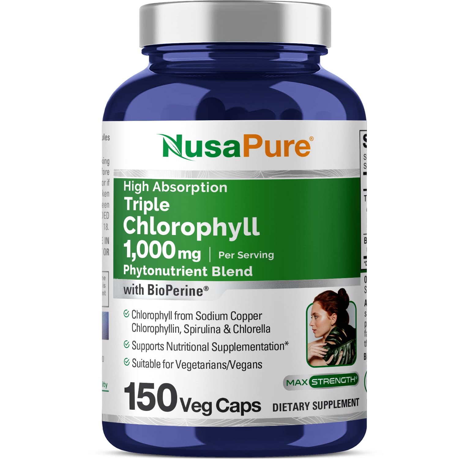 NusaPure High Absorption Triple Chlorophyll 1000 mg 150 Veg Caps Suitable for Vegetarians and Vegans, Non-GMO NusaPure Au supplements