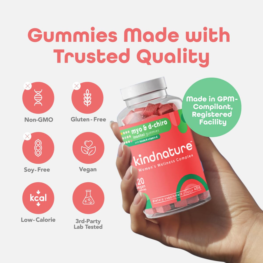 kindnature Myo-Inositol & D-Chiro Inositol Gummies for Women – 2000mg + 50mg, Ideal 40:1 Ratio – with Vitamin D & Folate – Hormone Balance Support – Vegan, Watermelon Flavor (120 Gummies) kindnature Au supplements