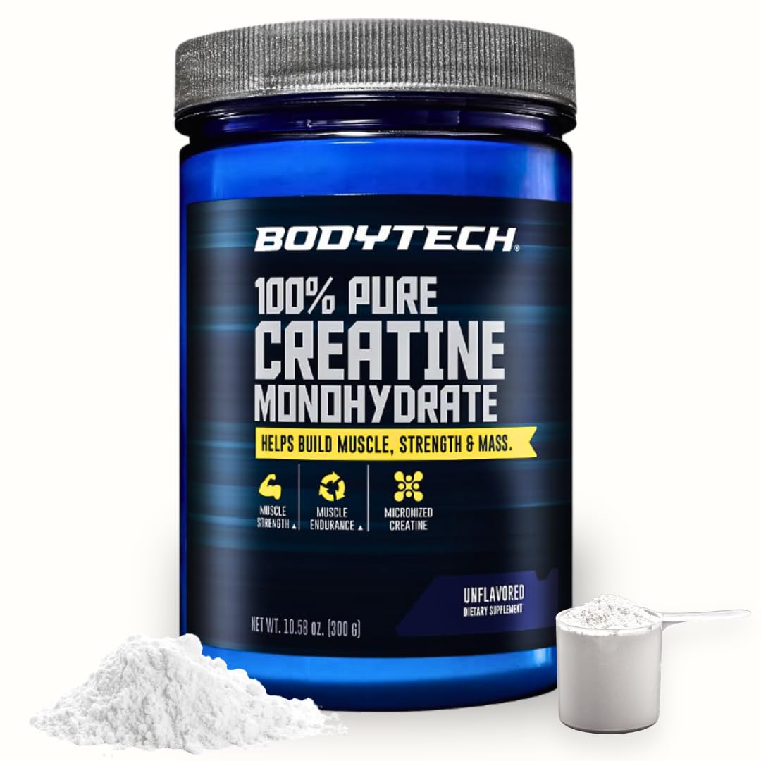 BodyTech Creatine Monohydrate Powder, Unflavored Micronized Creatine Formula for Men and Women, 5g per Serving, Pre Workout & Post Workout Supplement