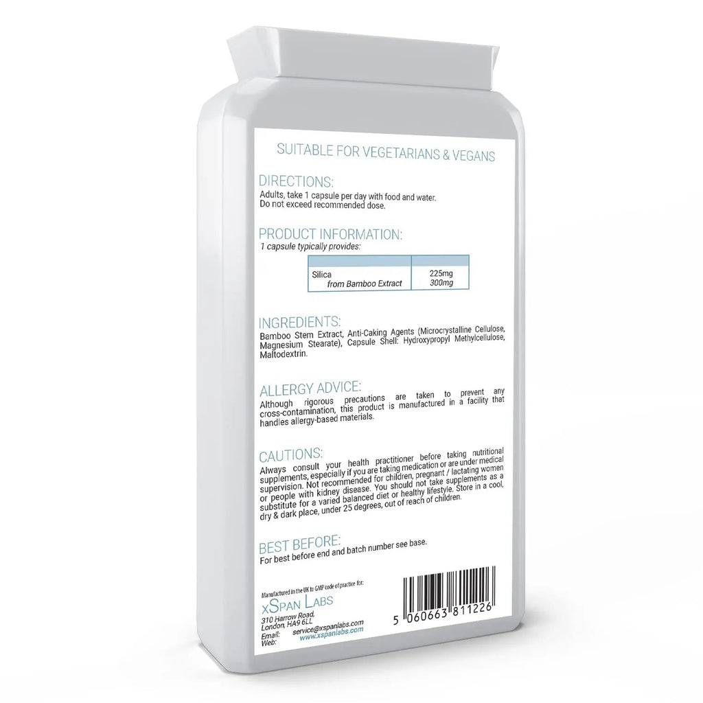 Silica 225mg – 90 Capsules - A Potent Highly Bioavailable Form - Naturally Sourced from Bamboo Extract - One-A-Day Vegan Capsules to Support Healthy Hair, Nails and Skin - Made in The UK Xspan Labs Au supplements