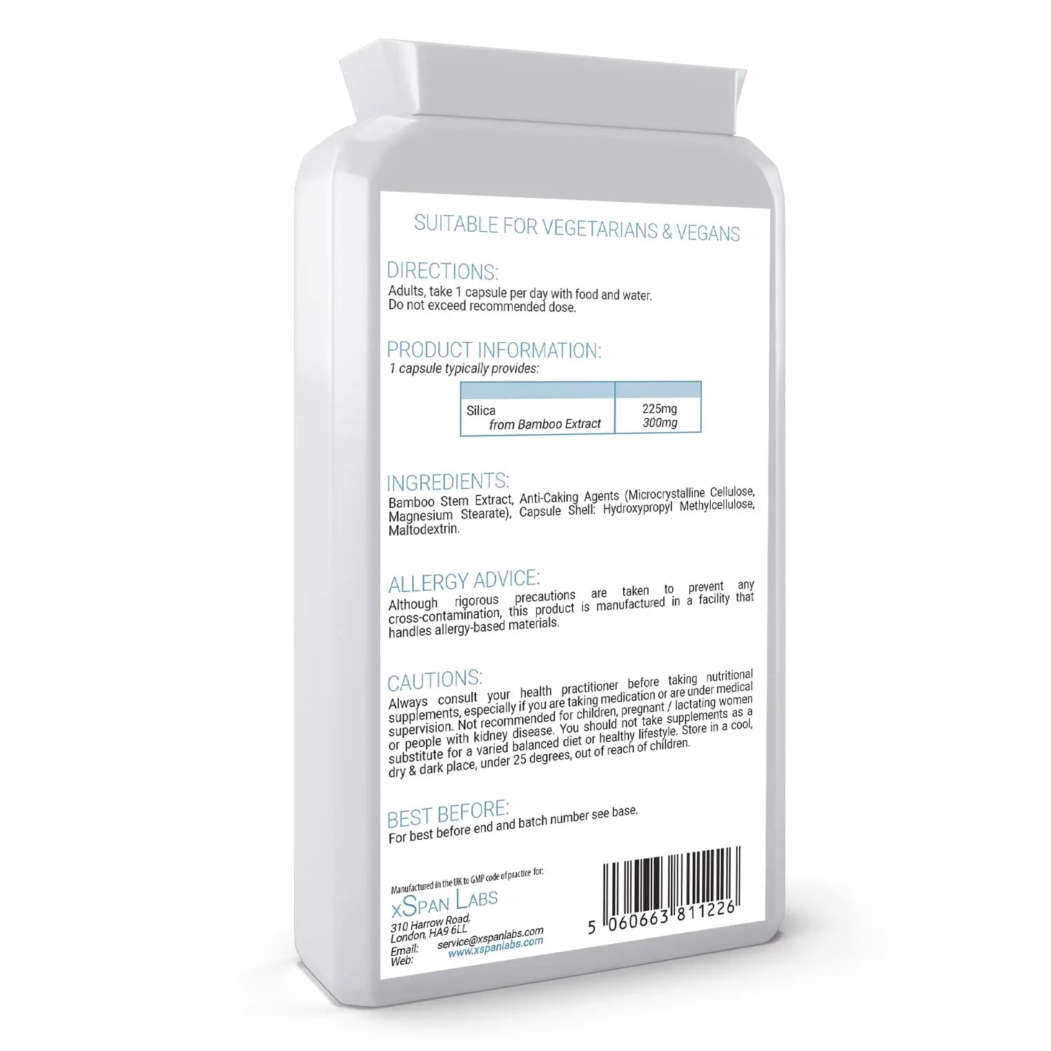 Silica 225mg – 90 Capsules - A Potent Highly Bioavailable Form - Naturally Sourced from Bamboo Extract - One-A-Day Vegan Capsules to Support Healthy Hair, Nails and Skin - Made in The UK Xspan Labs Au supplements
