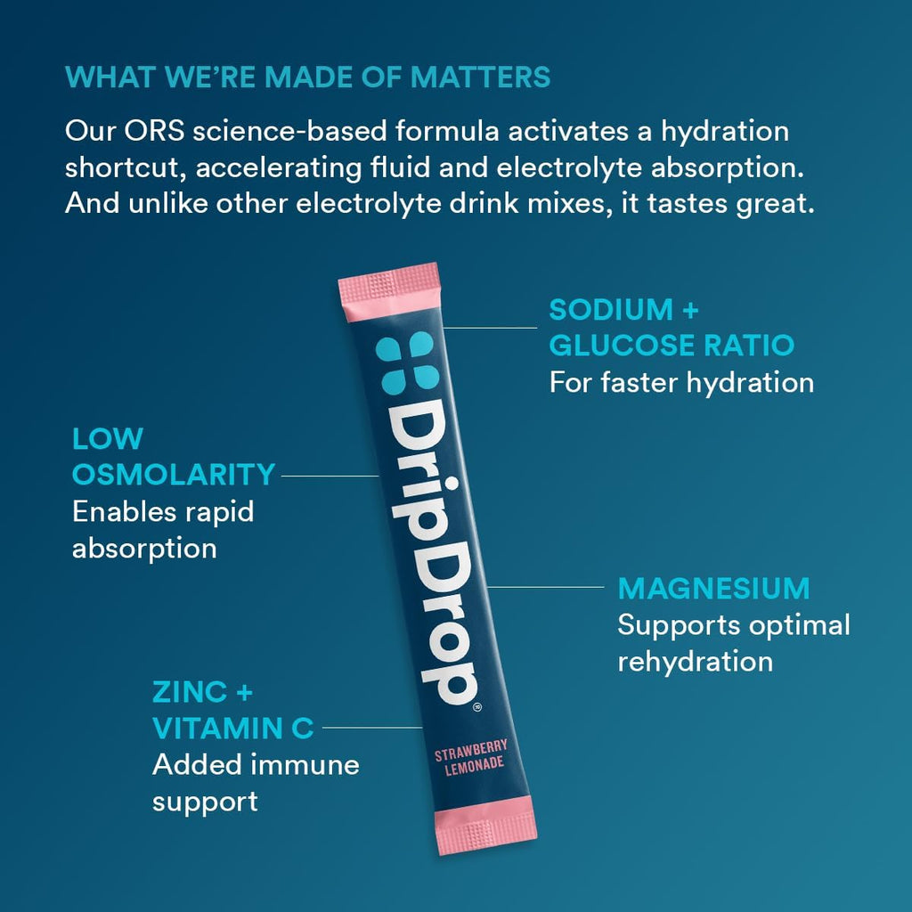 DripDrop Hydration Packets - Juicy Variety Pack - Single Serve Electrolytes Powder Drink Mix - Grape, Fruit Punch, Strawberry Lemonade, Cherry