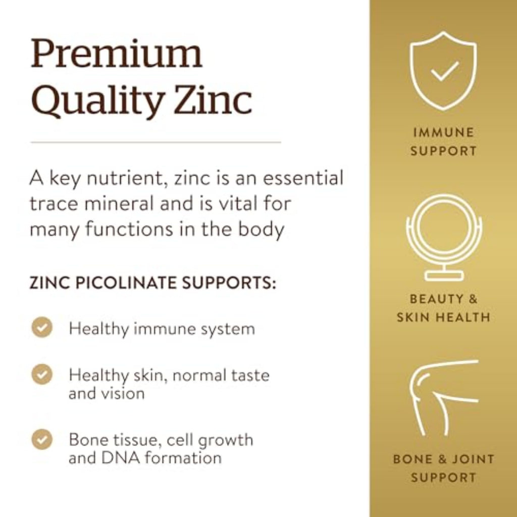Solgar Zinc Picolinate 22 mg, 100 Tablets - Promotes Healthy Skin - Supports Immune System, Normal Taste & Vision - Antioxidant – Non-GMO, Vegan