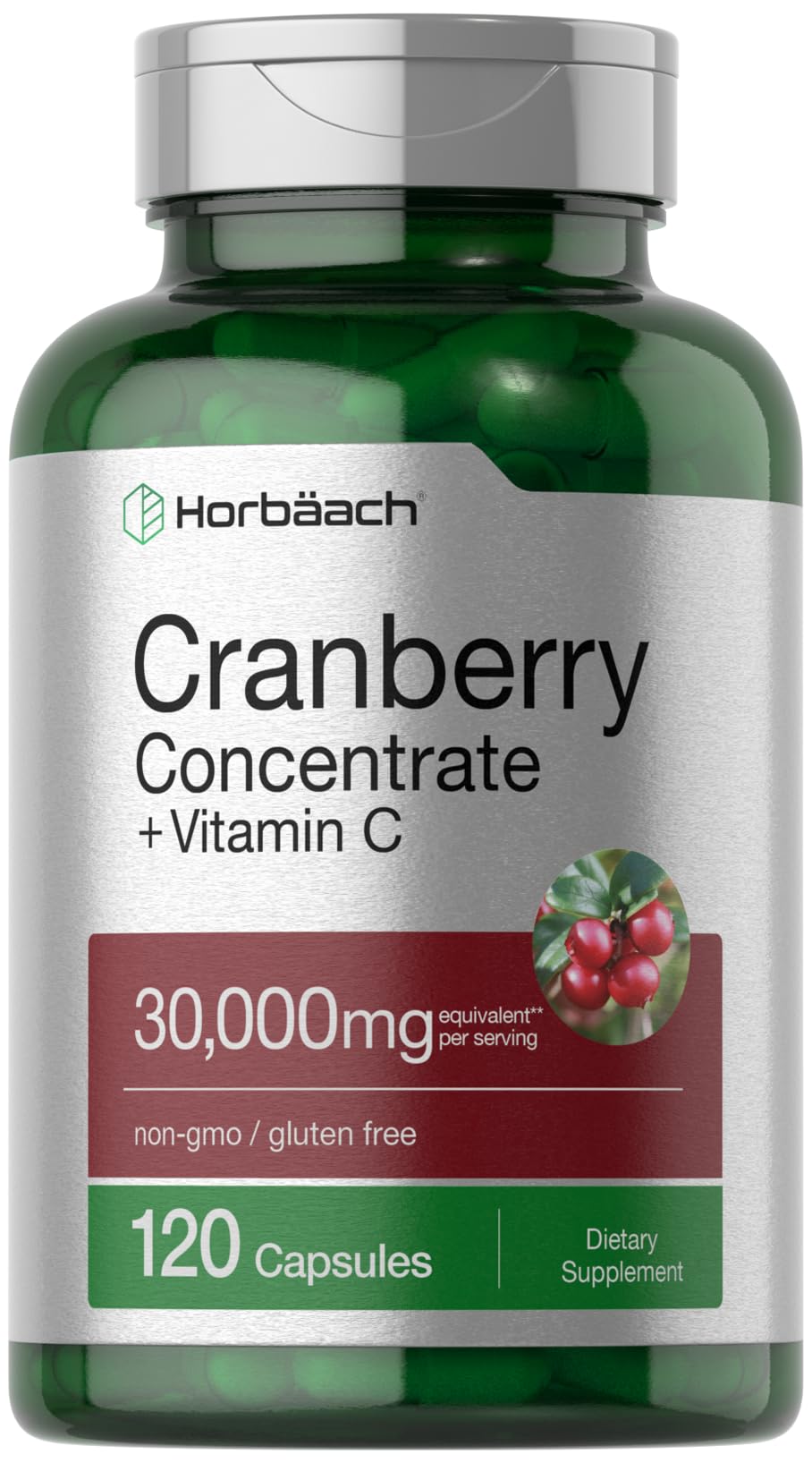 Horbäach Cranberry Concentrate Extract Pills + Vitamin C | 120 Capsules | Supplement for Women and Men | Triple Strength Ultimate Potency Formula