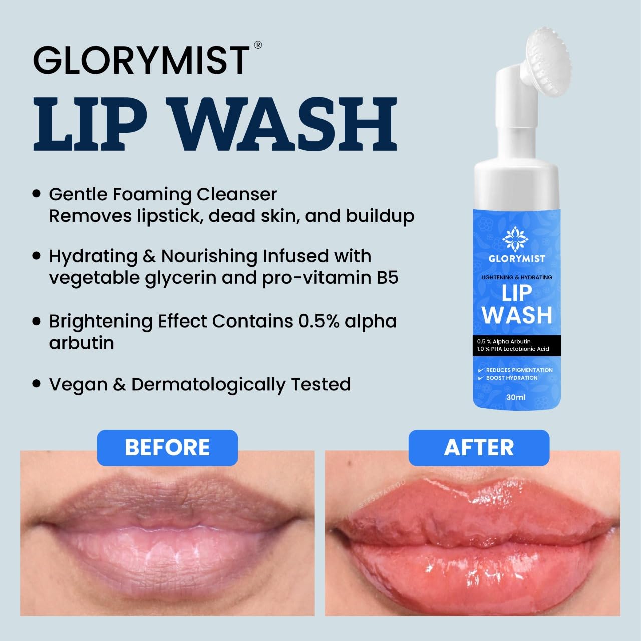 GloryMist All In One Lip Wash & Silicone Brush – Hydrating, Brightening & Exfoliating foaming Cleanser for Dry