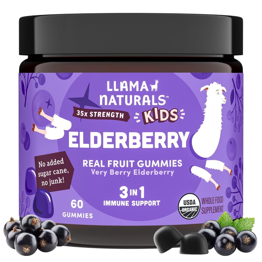 Llama Naturals Elderberry Gummies for Kids, Vegan, Organic Immune Support Supplement with Vitamin C and Zinc, Toddler Real Fruit Gummy Vitamins for Immunity