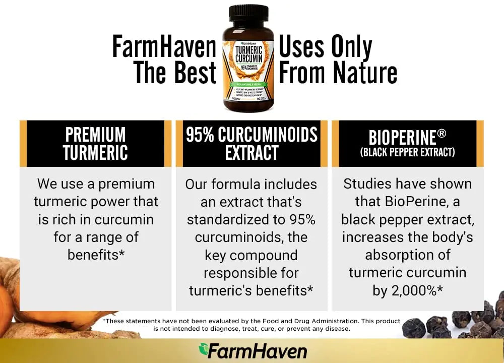 Turmeric Curcumin with BioPerine Black Pepper & 95% Curcuminoids, 1965mg, Maximum Absorption for Joint Support, Non-GMO Turmeric Capsules, FarmHaven Au supplements