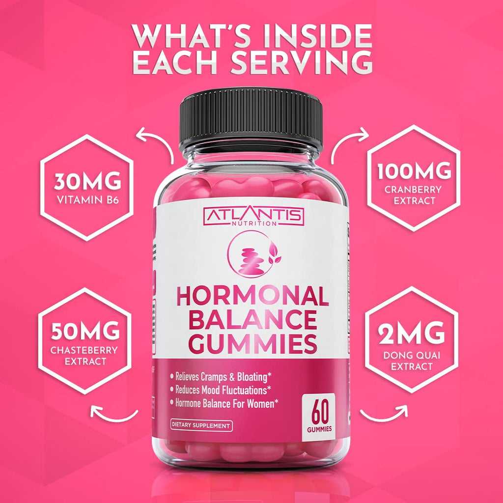 Atlantis Nutrition Hormonal Balance for Women & PMS Relief Gummies - Alleviates Cramps, Bloating, Mood Swings, Hot Flashes & Night Sweats - Cranberry, Dong Quai & Chasteberry Menstrual Cramp Relief Atlantis Nutrition Au supplements