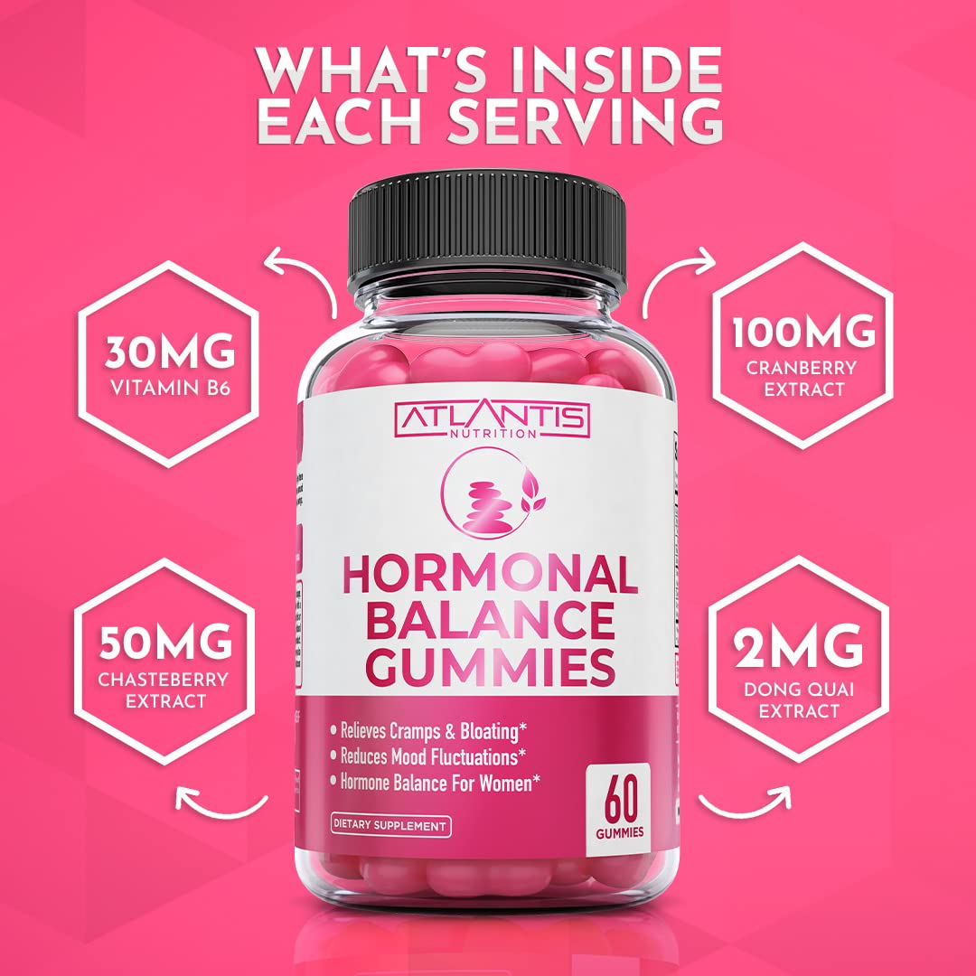 Atlantis Nutrition Hormonal Balance for Women & PMS Relief Gummies - Alleviates Cramps, Bloating, Mood Swings, Hot Flashes & Night Sweats - Cranberry, Dong Quai & Chasteberry Menstrual Cramp Relief Atlantis Nutrition Au supplements