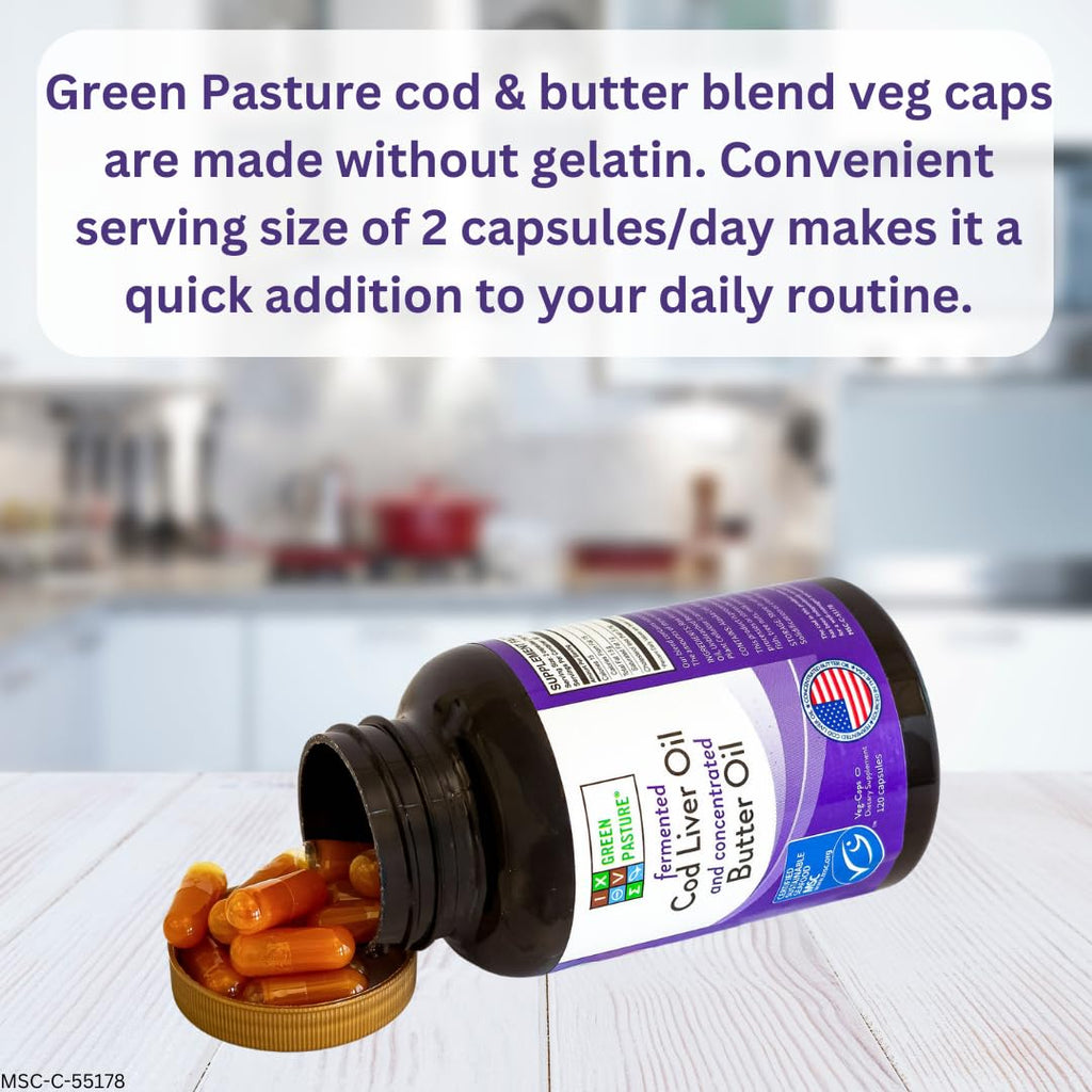 Green Pasture Fermented Cod Liver Oil & Butter Oil Blend - Wild Alaska Cod, Vitamins A & D, Omega-3-6-9, MSC Certified, 120 Capsules