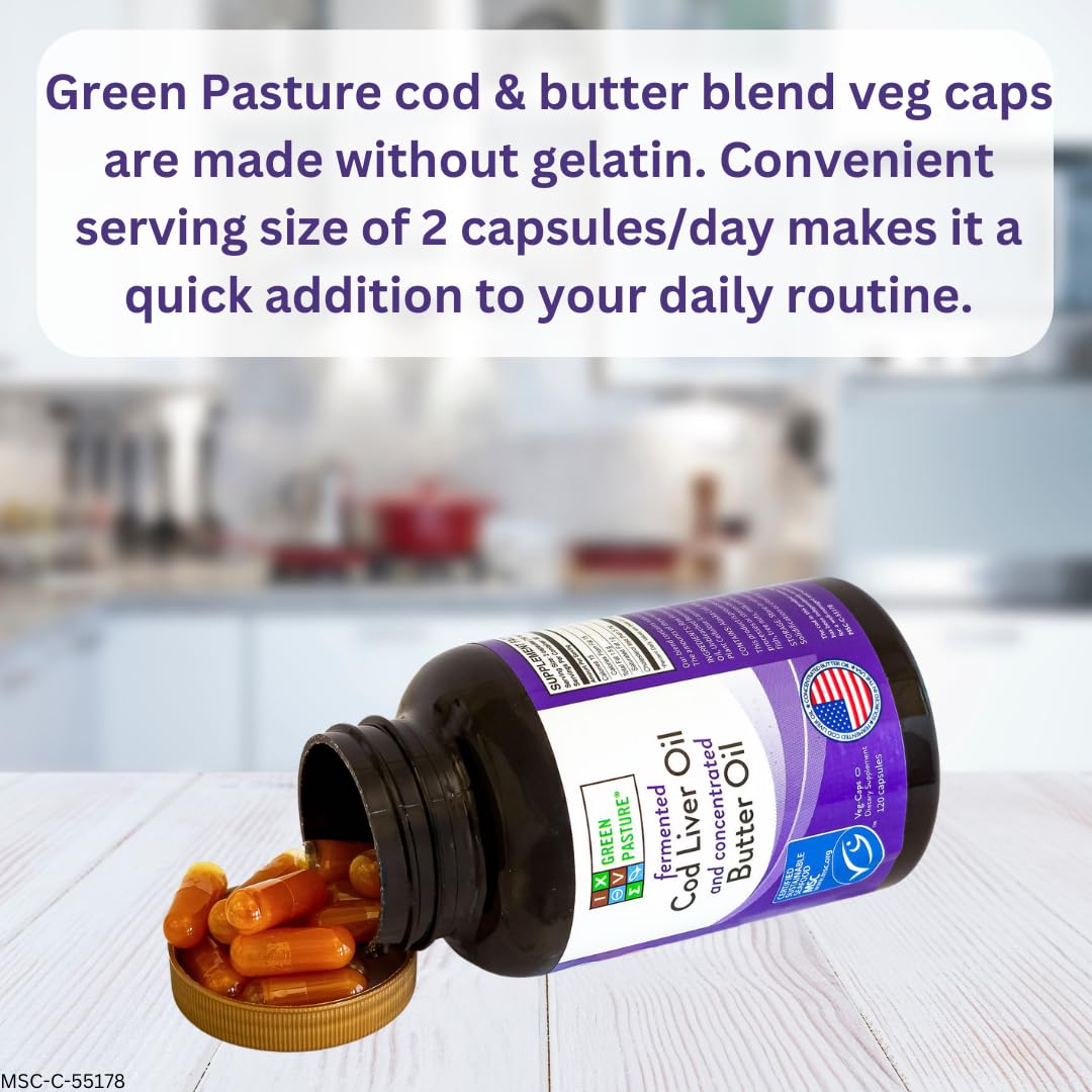 Green Pasture Fermented Cod Liver Oil & Butter Oil Blend - Wild Alaska Cod, Vitamins A & D, Omega-3-6-9, MSC Certified, 120 Capsules