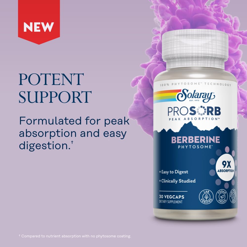 SOLARAY Berberine Phytosome - 9X Absorption and Easy-to-Digest - Standardized to 30% Berberine HCl - Vegan, Made Without Soy