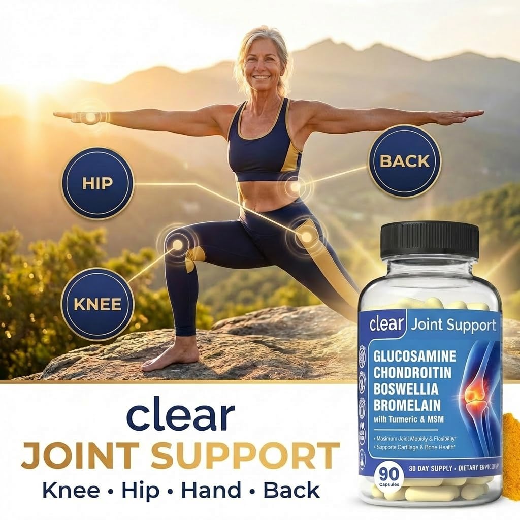 Clear Joint Support - 1500mg Glucosamine Chondroitin MSM - 8 in 1 Joint Health Supplement with Turmeric and Boswellia for Men & Women, Knee, Hip & Back Support, Made in USA, 90 Capsules Clear Probiotics Au supplements