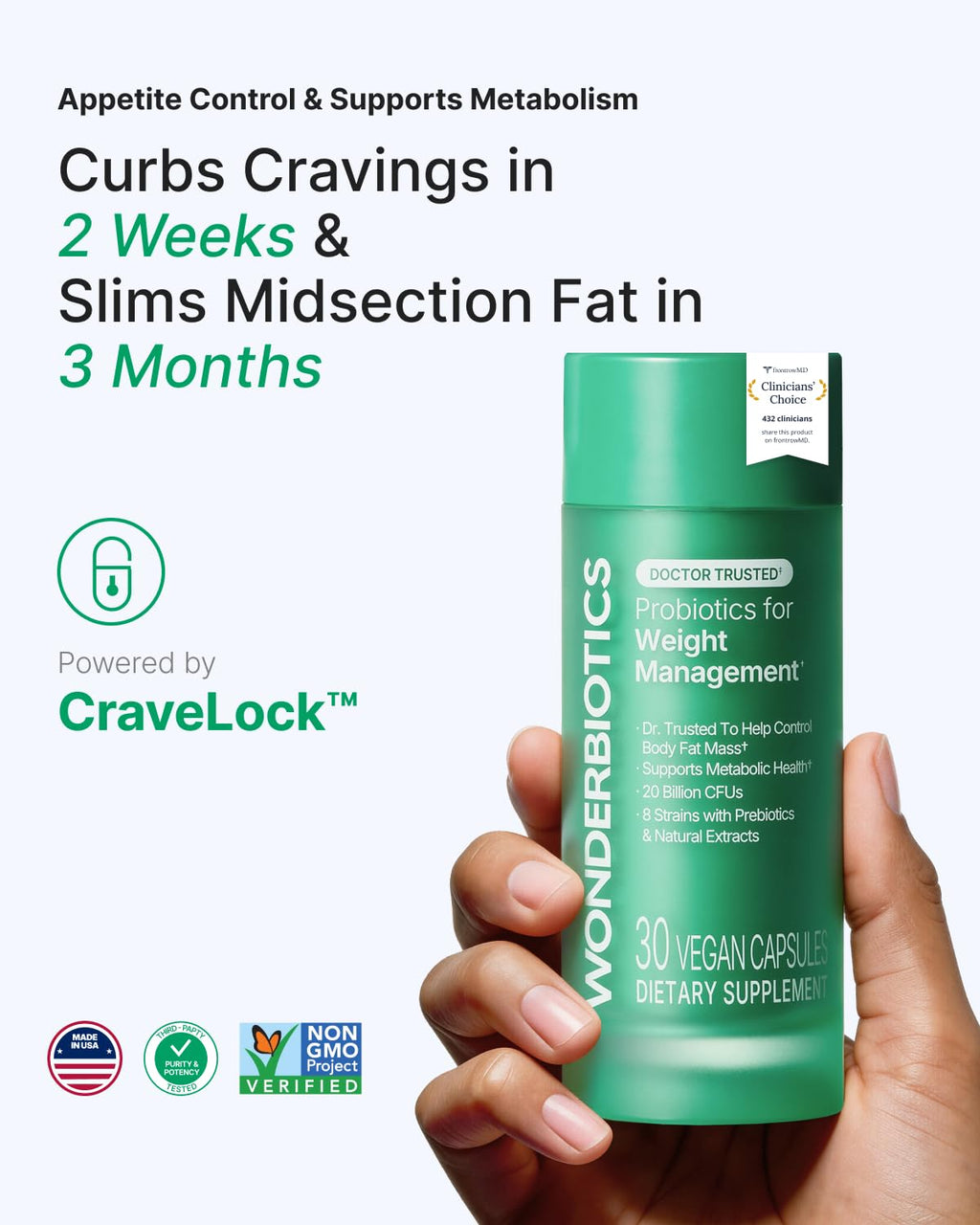WonderBiotics Weight Management Probiotics for Women - Appetite Suppressant  + 8 Clinically Strains - Safe & Natural Loss, Belly Fat, No Side Effects - 30 CT