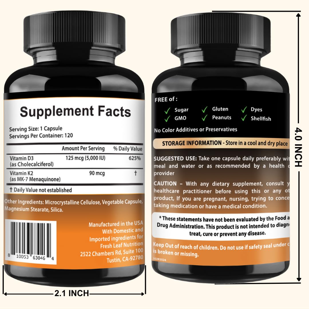 VITBOOST Vitamin D3 K2 Complex - Easy to Swallow - Vitamin D (D3) 5000 IU (125 mcg) & K2(MK-7) 90 mcg | Non-GMO | Gluten-Free