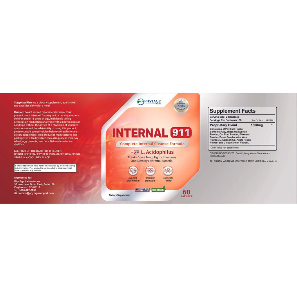 Phytage Labs Internal 911 Colon Cleanse Detox Supplement - Natural Laxative Cleanser Removes Toxins for Better Digestion and Radiant Skin - 60 Capsules