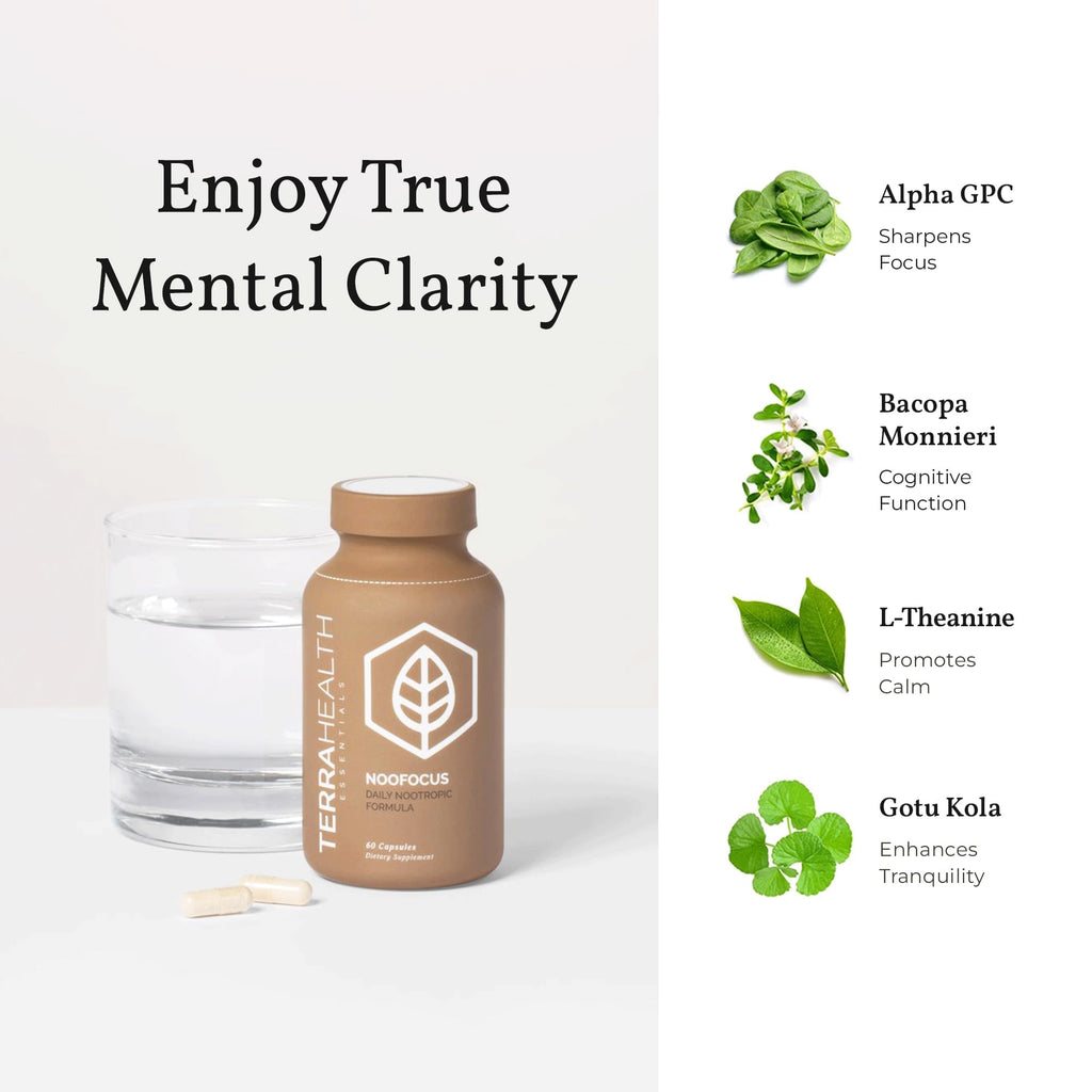 Terra Health Essentials NOOFOCUS - Nootropics Brain Support Supplement with Adaptogenic Mushrooms, Alpha-GPC, Gotu Kola, L-Theanine for Focus & Memory - All Natural, 30 Day Supply Terra Health Essentials Au supplements