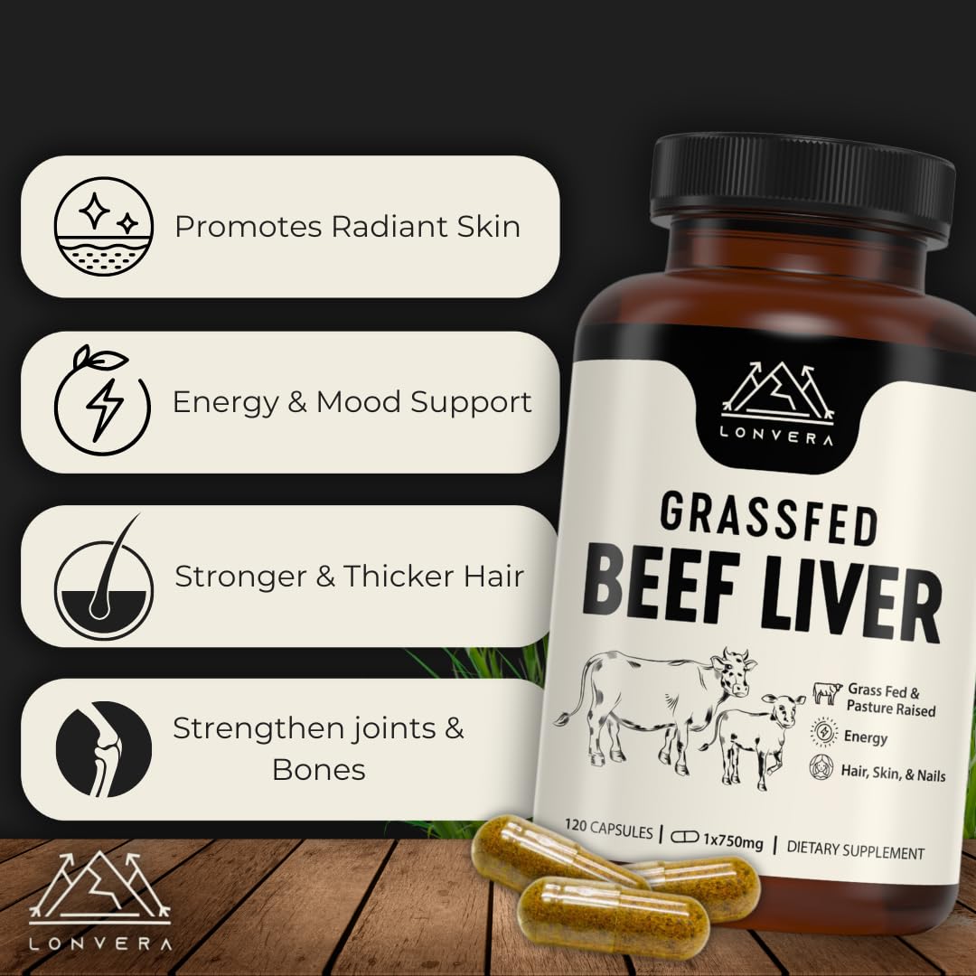 Lonvera Grass Fed Beef Liver Capsules for Women and Men – 3000mg Freeze Dried Desiccated Organs – Nutrient Source for Joints, Bones, Hair, Skin