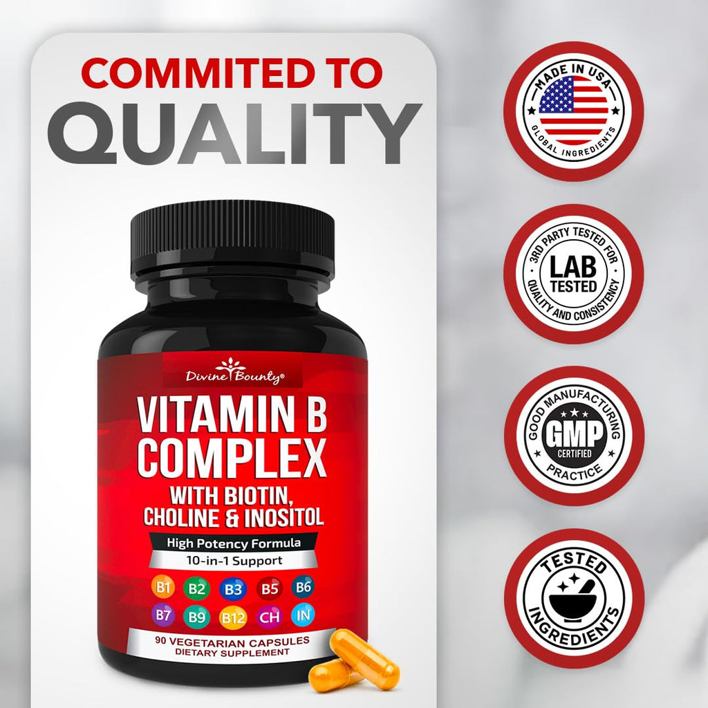 Divine Bounty Super B Complex Vitamins - All B Vitamins Including B12, B1, B2, B3, B5, B6, B7, B9, Folic Acid - Vitamin B Supplement