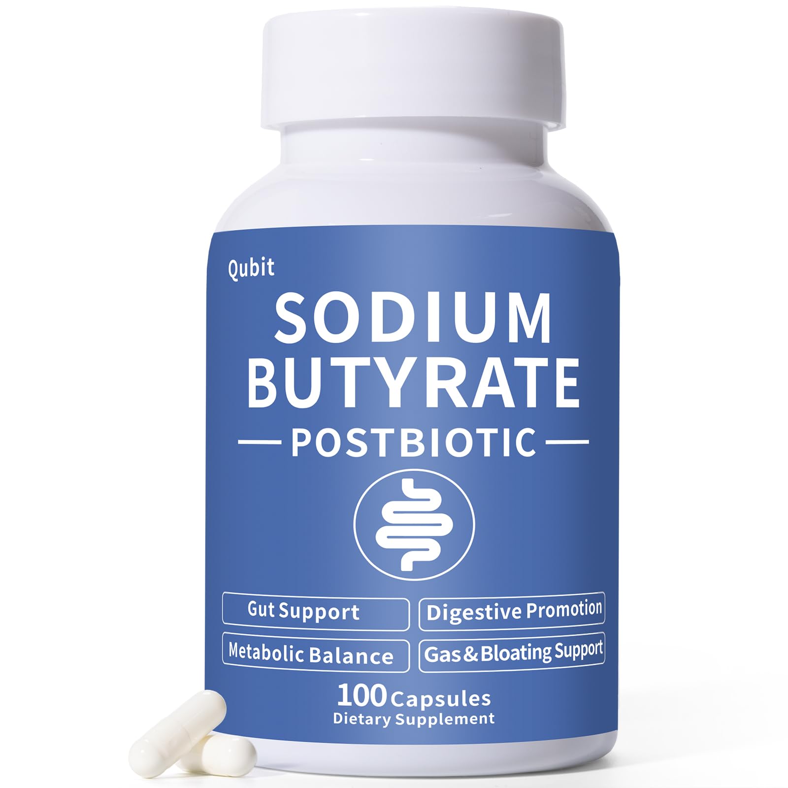 Sodium Butyrate Supplement – Postbiotic for Gut Health, Supports Digestion, IBS, Leaky Gut & Stomach Comfort – Low Odor, Easy to Swallow, No Side Effects – 100 Vegan Capsules QUBIT Au supplements