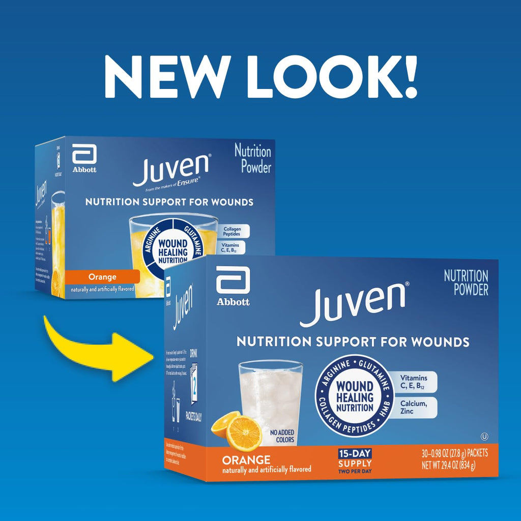 Juven Therapeutic Nutrition Drink Powder Including Collagen Peptides, Amino Acids, and HMB for Wound Healing Support, Orange, 30 Packets