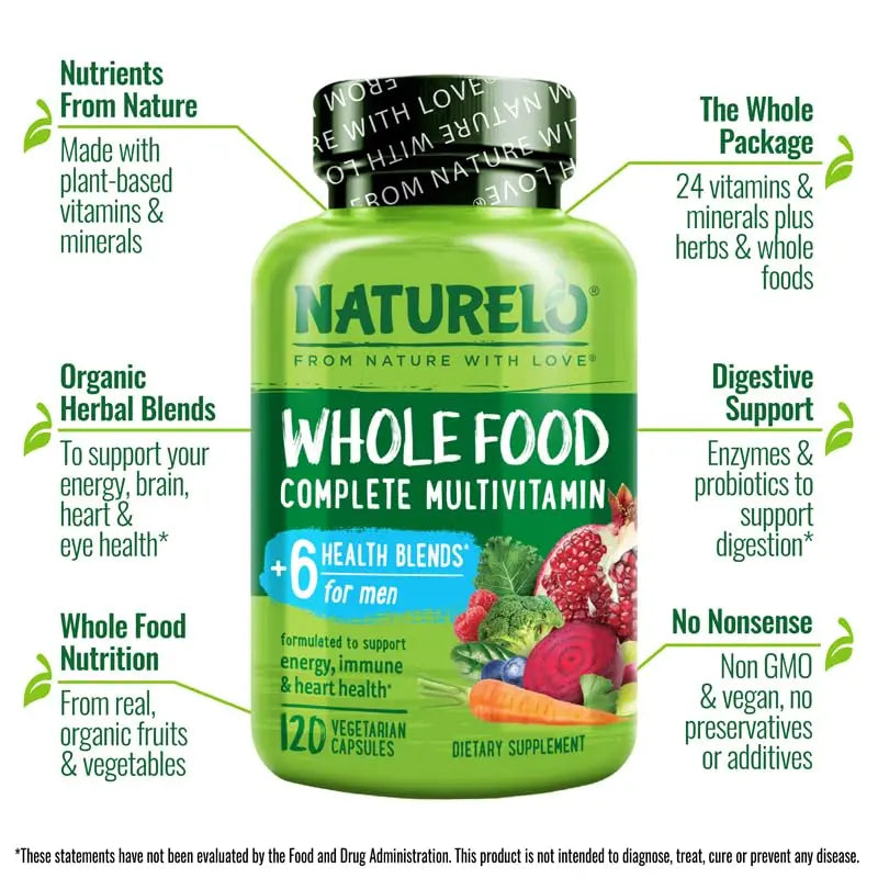 NATURELO Mens Multivitamins - Whole Food Multivitamin for Men with Vitamins, Minerals - 120 Vegetarian Capsules for Energy, Brain, Heart, Eye Health* NATURELO Au supplements
