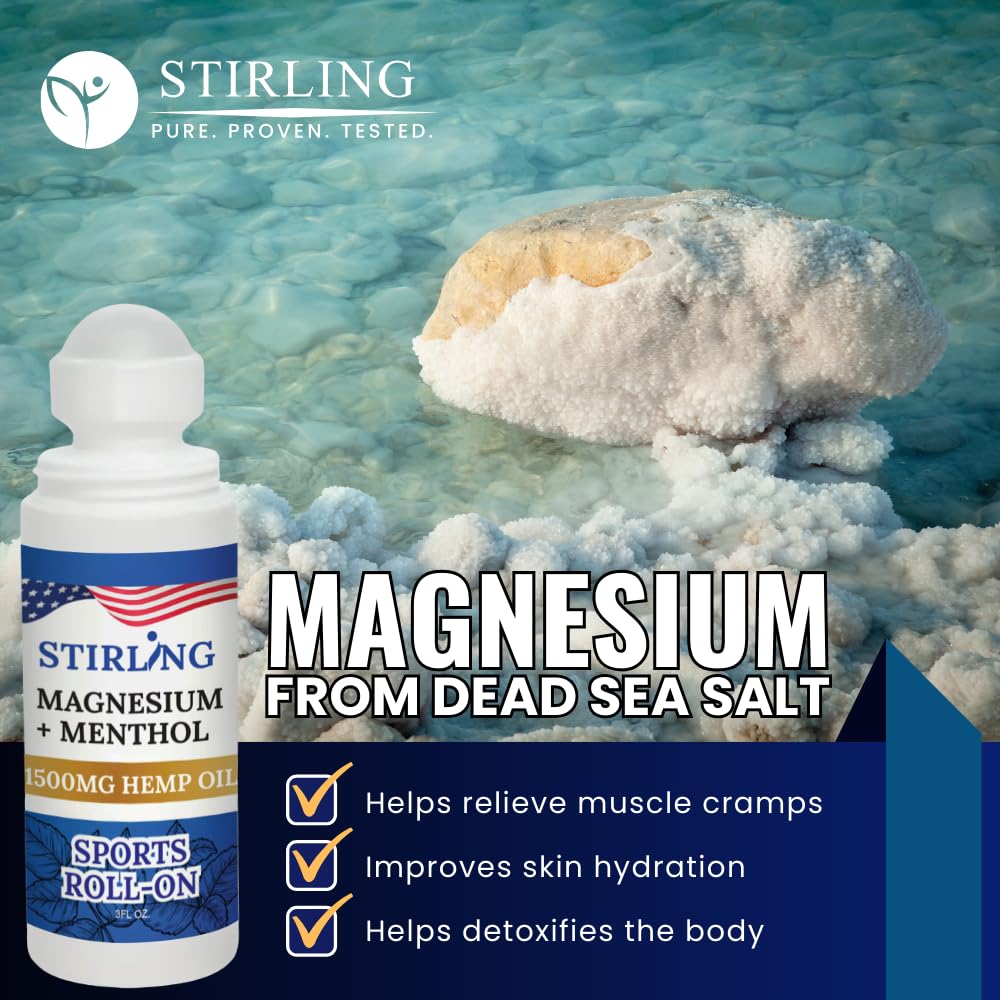 Stirling Menthol Roll On Lotion with Magnesium and 1500mg Pure Hemp - Non-GMO, THC-Free - Fast-Acting Relief for Sore Muscles and Joints, Reduces Swelling and Redness, Promotes Post-Workout Recovery STIRLING Au supplements