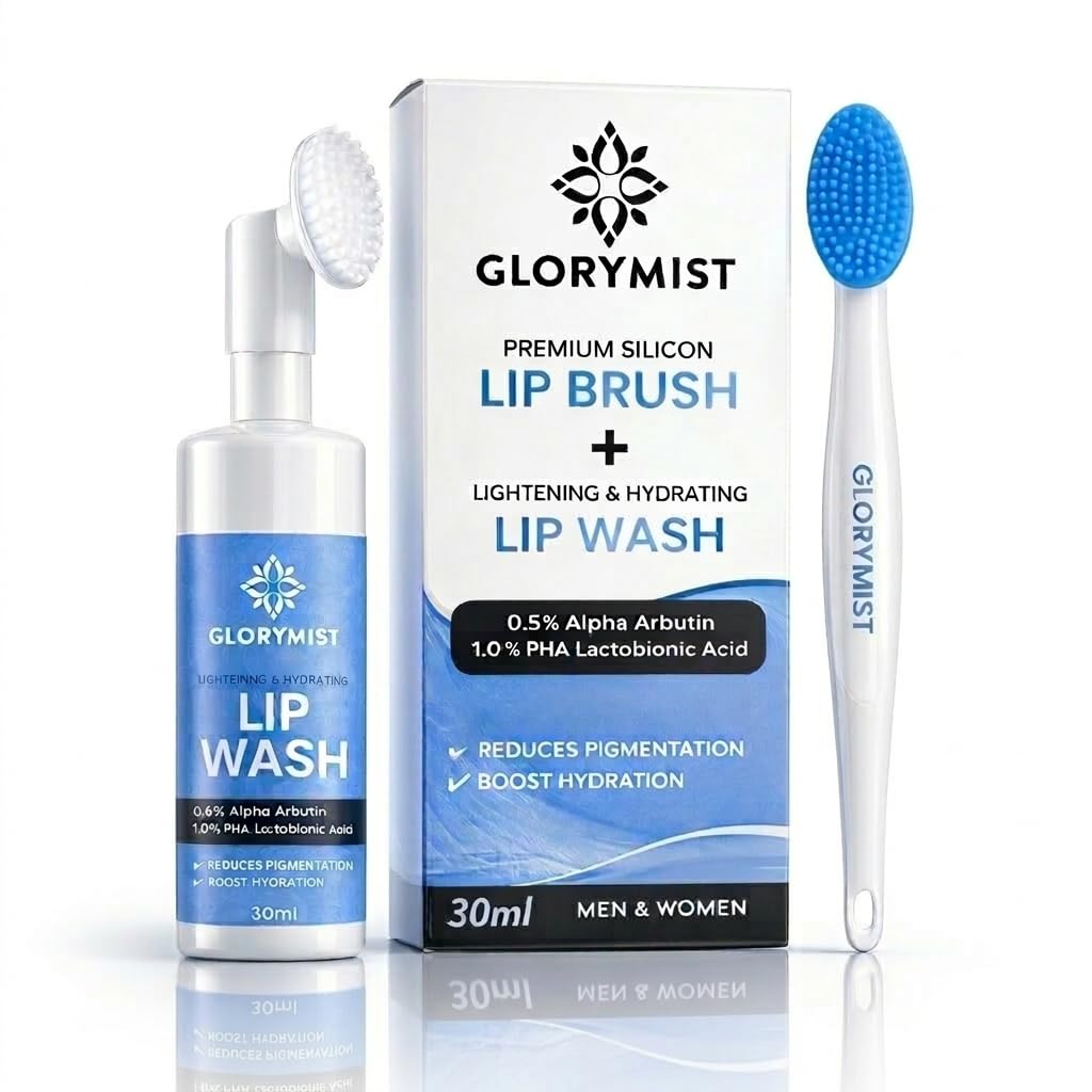 GloryMist All In One Lip Wash & Silicone Brush – Hydrating, Brightening & Exfoliating foaming Cleanser for Dry