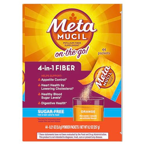 Metamucil On-the-Go Packets, Sugar-Free, 44 Packets, 4-in-1 Psyllium Husk Fiber Supplement, Orange Flavored, Individual Servings Great for Travel