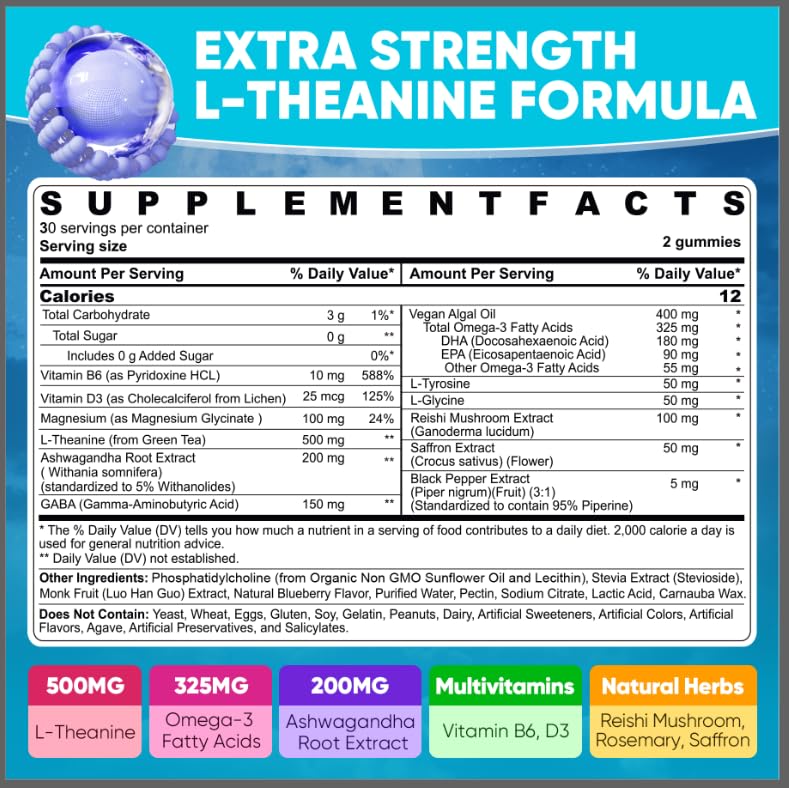 L Theanine Calm Gummies 500mg, Sugar-Free Liposomal L-Theanine Supplement, w/Safforn, Magnesium Glycinate, GABA, Ashwagandha, Algae Omega-3, Vitamin D3 B12