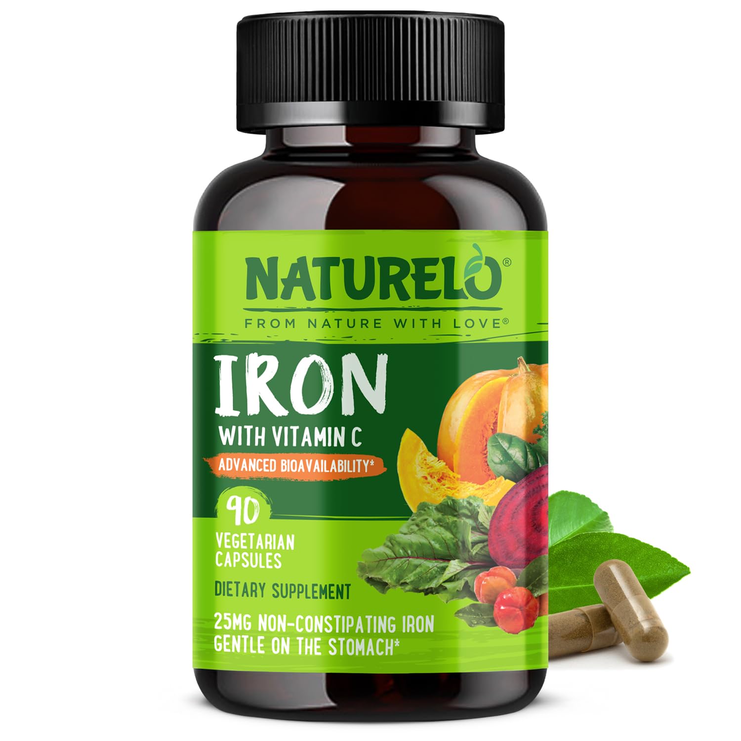 NATURELO Vegan Iron Supplement with Vitamin C and Organic Whole Foods - Gentle Iron Pills for Women & Men with Iron Deficiency Including Pregnancy