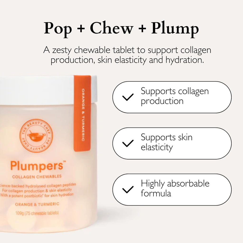 The Beauty Chef Plumpers™ Collagen Chewable Tablets with Hyaluronic Acid & Postbiotic, Supports Skin Elasticity & Collagen, Women's Multivitamin, Collagen Peptides, 75 Tablets (Orange & Turmeric) The Beauty Chef Au supplements