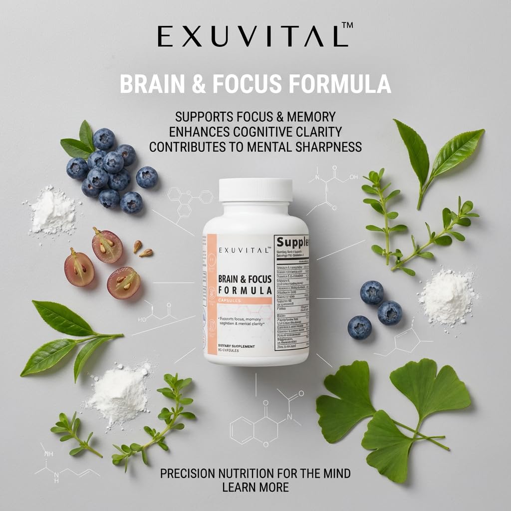 EXUVITAL Brain & Focus Formula, Veggie Capsules, 60 Count, Nootropic Supplement with Vitamins, Minerals and Proprietary Blend for Clarity, Memory, Cognition and Mental Focus EXUVITAL Au supplements
