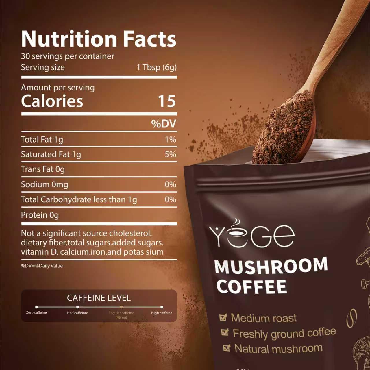 Mushroom Coffee, Instant Mushroom Coffee with Cordyceps, Reishi, King Trumpet, Shiitake, Turkey Tail, Lions Mane for Energy